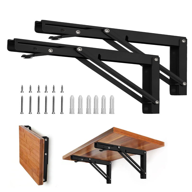 Storystore Folding Shelf Brackets - 16 Inch Heavy Duty Metal Collapsible Shelf Bracket for Bench Table, Shelf Hinge Wall Mounted Space Saving DIY Bracket, Max Load: 150 lb 2 PCS (Black) - Image 1